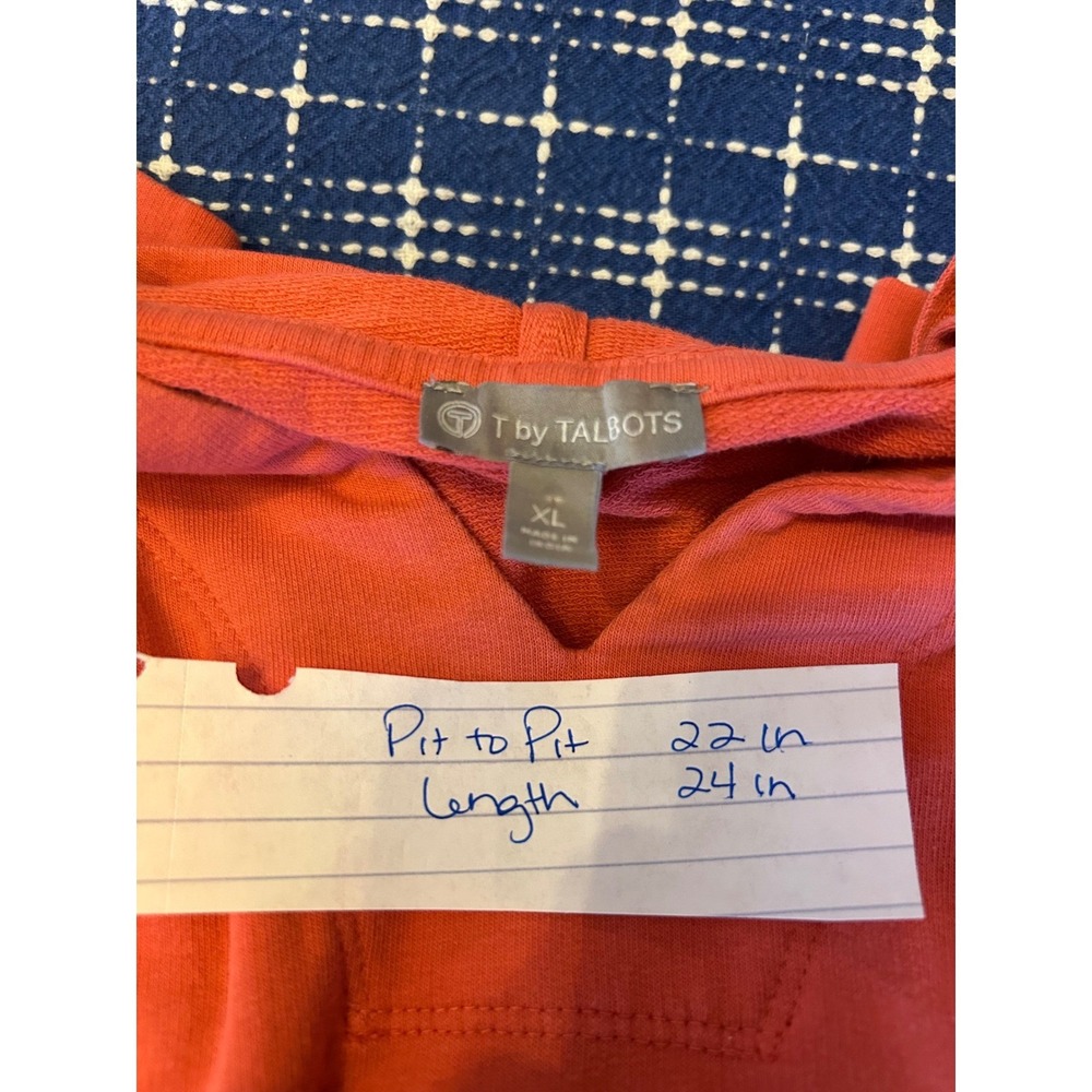 T by Talbots XL Coral Pink Cotton Spandex V-Neck Pullover Hoodie Sweatshirt - Picture 3 of 5
